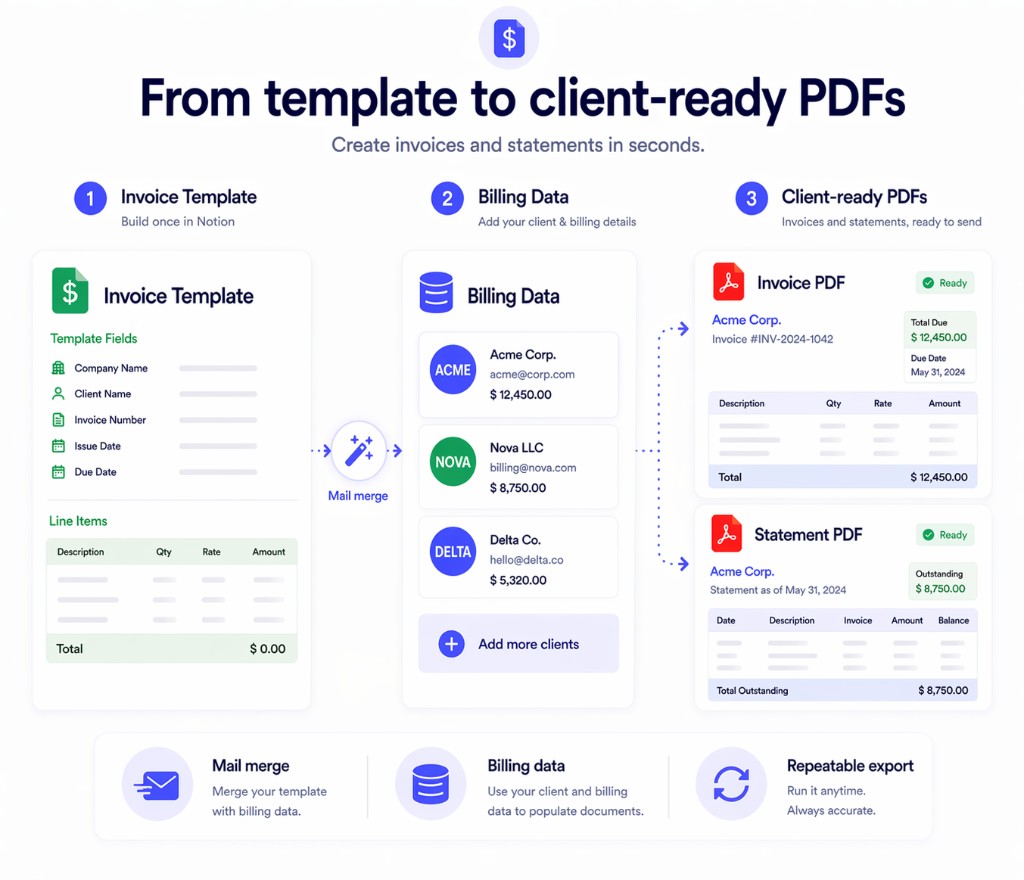 Modello di fattura e dati di fatturazione esportati in PDF pronti per il cliente con Print Notion