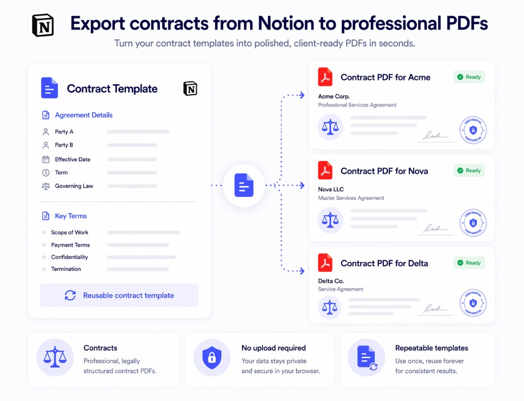 Contract draft in Notion exported to a clean contract PDF with Print Notion