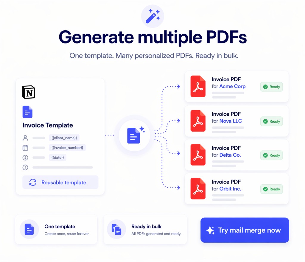Multiple PDFs generated from one Notion template and ready to try in Print Notion