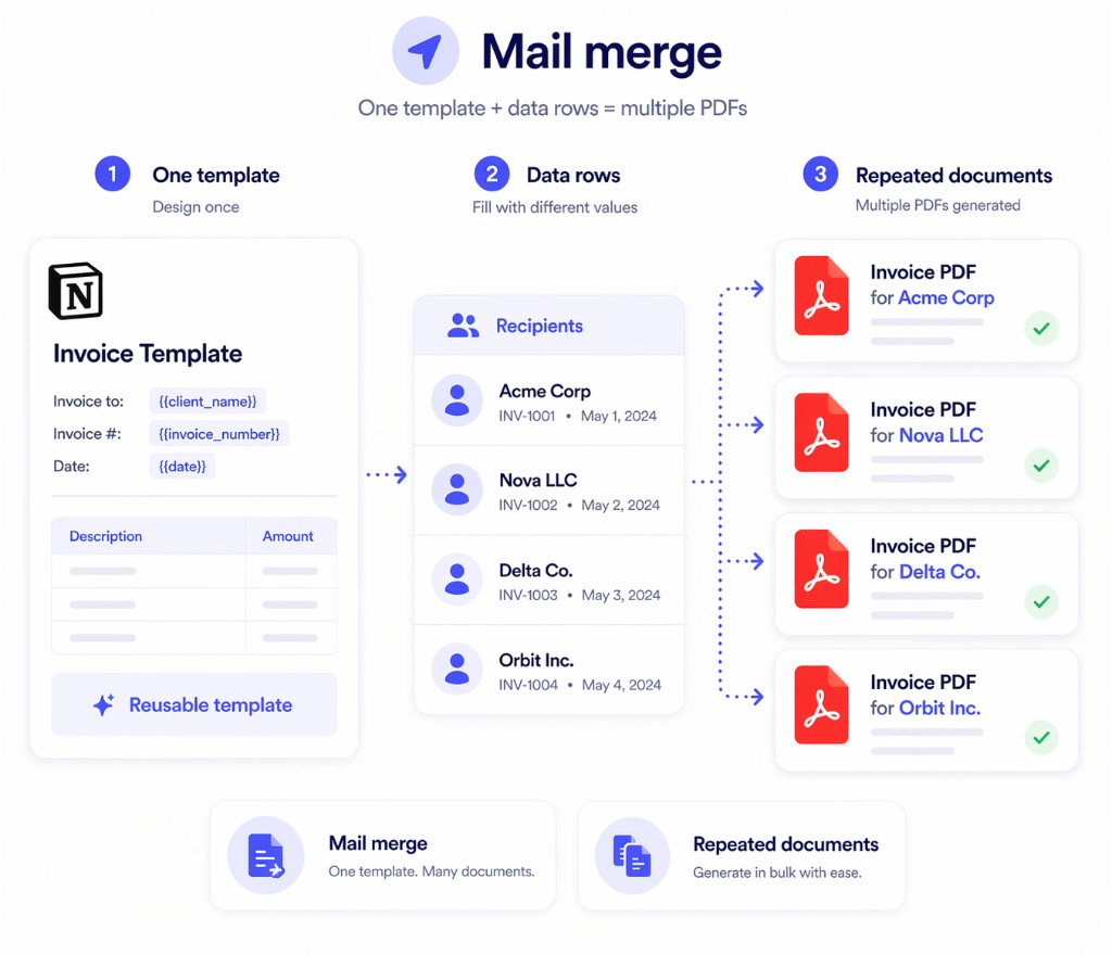 One Notion template and data rows generating multiple PDFs with Print Notion