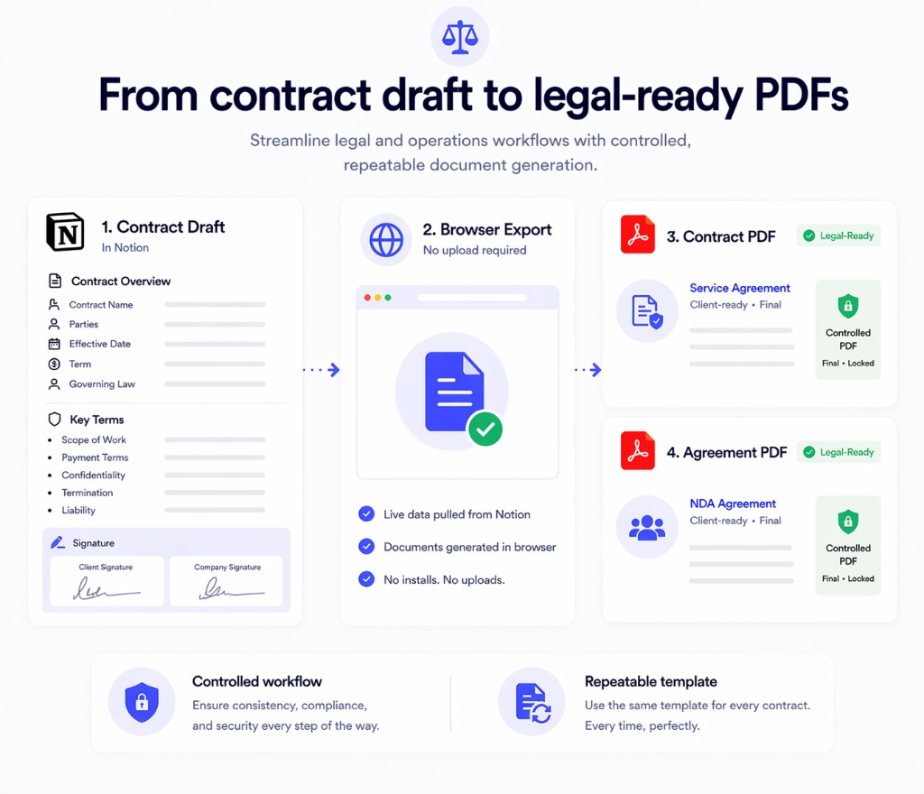 Print Notionでブラウザを介して契約書草案を法的に準備されたPDFにエクスポート